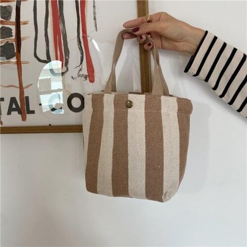 Korean Striped Portable Lunch Bag Children Canvas Lunch Box Bag Women Casual Small Hand Bags Picnic Food Storage Handbags