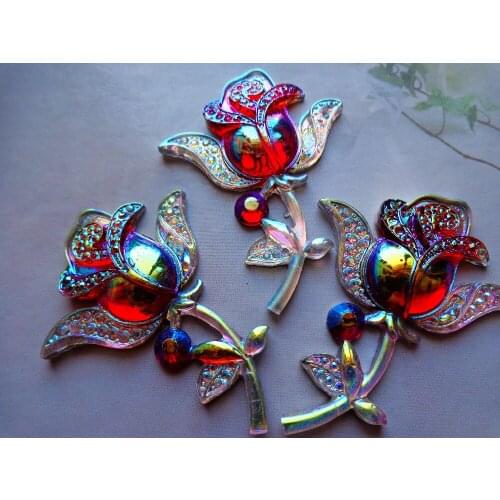 Big rose flower shape 48*35mm Sew on resin rhinestones red/ clear AB colour crystals flatback 2 holes gem stone 20pcs/bag