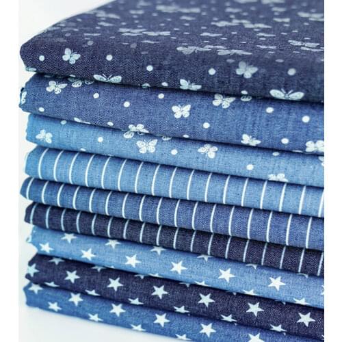 Summer Thin Butterfly Stripes Stars Cotton Printed Denim Fabric for Quilting Clothes Skirt DIY Handmade per half Meter