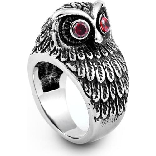 Stainless steel owl fashion ring with red stone popular ring cool jewelry