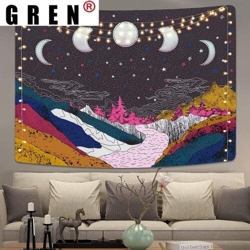 GREN Wall Hanging Fabric Mural Background Cloth Wall Rugs Towel Beach Blanket Moon Phase Tapestry Dorm Living Home Decor