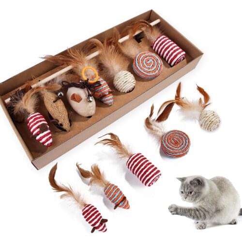 New Funny Cat Stick Set 7-piece Set Pet Cats Interactive Play Toy Simulation Mouse Molar Feather Pet Supplies Gift For Cat