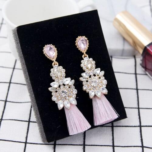New Silver Needle Pink Blue Tassel Fringe Drop Earrings Luxury Crystal Rhinestone Statement Jewelry for Women 6A3014