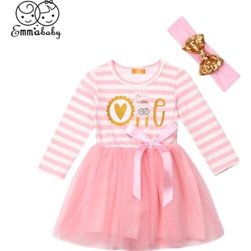 Infant Baby Girl Dress Toddler Kid Clothes My First Birthday Party Outfit Tulle Tutu Dress Headband Striped Children Clothing