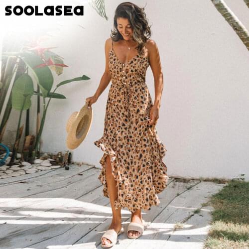 Soolasea New Summer Women Print Leopard Long Dress Sexy V-Neck Sleeveless Button Ruffles Beach Casual Boho Maxi Dress Vestidos