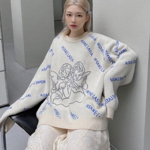 Oversized Streetwear Angel Pattern WomenS Sweater Retro Lazy Pullover Trendy Brand Round Neck Fashion Sweater Women 2021 Winter