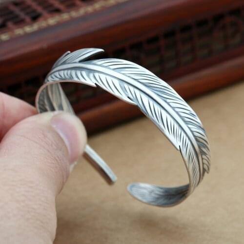 Starfield S999 Sterling Silver Jewelry Retro Thai Silver Bangle Takahashi Goro Simple Feather Feminine Open Ended Bangle