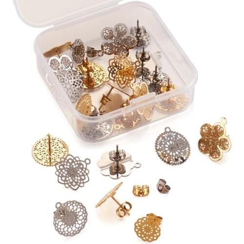 24pcs/box 304 Stainless Steel Earring Stud Findings Golden Hollow Flowers/Flat Round Shape Earring Links Diy Making Accessories