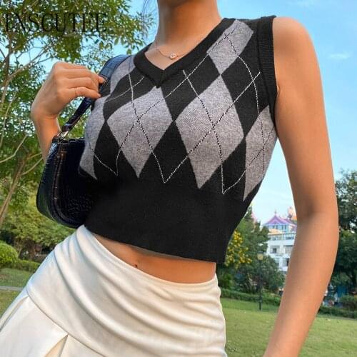 Inscutee Vintage Y2k E-girl Argyle Sweater Vest Women Streetwear Harajuku Casual Fashion Grunge Knitted Crop Tank Tops Female
