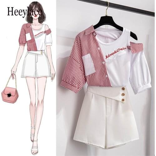 2 pieces shorts sets summer Sweet Korean off shoulder striped patchwork tops and shorts 2 pieces sets women two pieces outfits