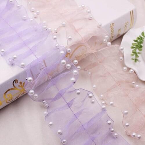 1Yard(91cm) Folds Organza Pearl Lace Beaded Trim Accessories Wedding Dress Decorative Material Doll Dress Sewing Supplies