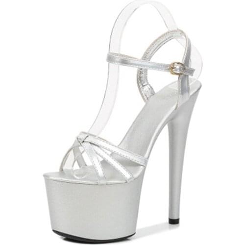 Patent-leather sandals with sexy waterproof platform, 15-17cm high summer party sandals for women, model nightclub shoes