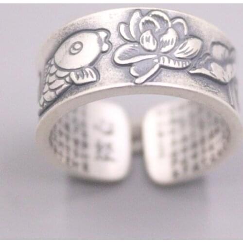 Pure 925 Sterling Silver Ring Width 10mm Lotus And Double Fish Pattern Cuff Ring US Size 5-10 Adjustable