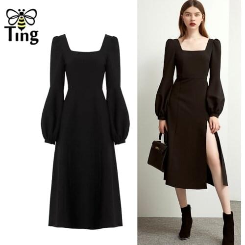Tingfly Designer Vogue Vintage Square Collar Black Dress Retro Party Dinner Dresses Sexy Side Split Casual Vestidos Aesthetic