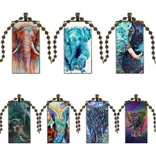 For Women Girl Gift Cute Baby Elephant In Purple Blue Glass Cabochon Choker Pendant Rectangle Necklace Bronze Color Jewelry