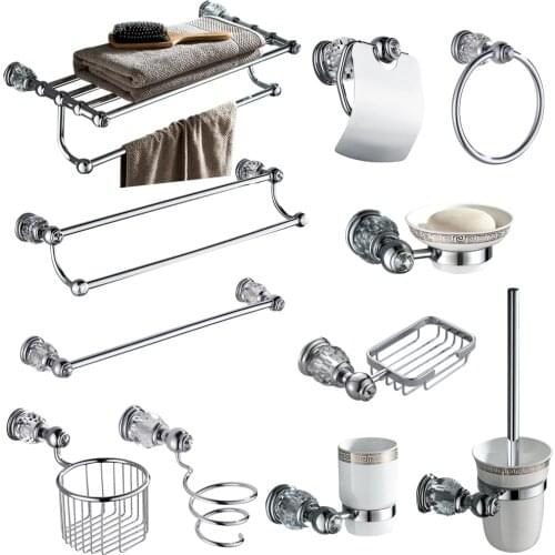 Chrome Wall Mounted Tolet Paper Holder Crystal Brass Soap Dish Ceramic Bathroom Accessories Silver Bathroom Hardware Set