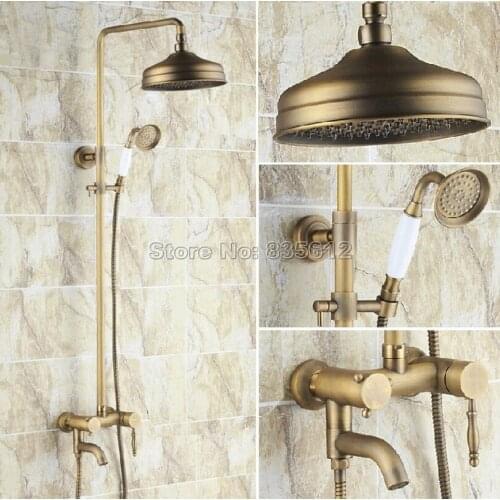 Classic Wall Mounted Antique Brass Bathroom Rainfall Shower Faucet Set + 8" inch Shower Head + Bathtub Mixer tap Wrs154