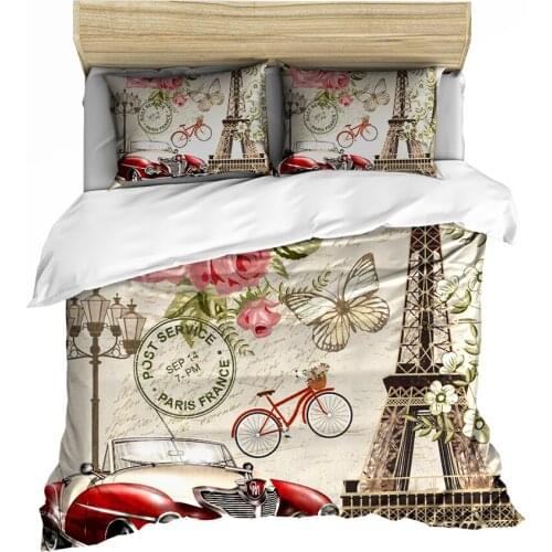 Retro Stamp Bedding Set Car Paris Tower Rose Butterfly Quilt Covers Adult Bed Linen Duvet Cover Bedding Set Queen King Size