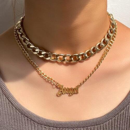 Minimalist Stainless Steel Angel Letter Pendant Necklace for Women Golden Multilayer Metal Cuban Chain Necklace Clavicle Jewelry