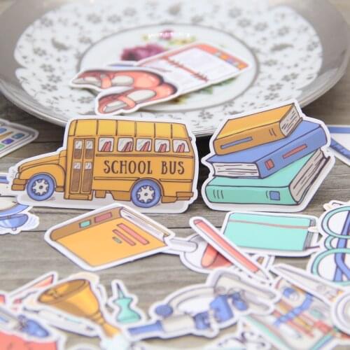 52pcs School Bus Stationery Supplies Book Study Items Waterproof Sticker Pack for Scrapbook Crafts Gift Diary Record Journal DIY