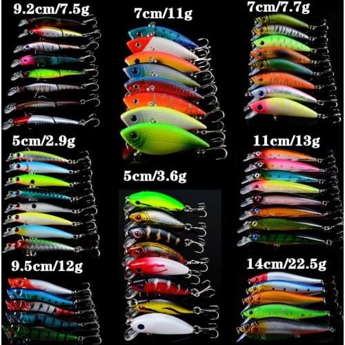 New 58pcs/lot Mixed Lifelike Minnow lure and VIB bait 8 Models Hard Baits Artificial Quality Professional Plastic Fishing Tackle