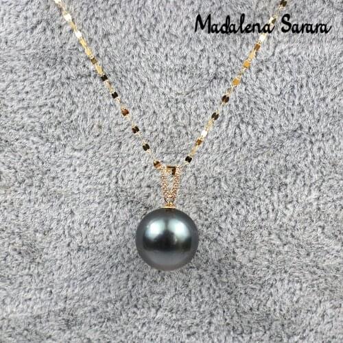 MADALENA SARARA 10-11mm AAA Natural Black Tahiti Pearl 18K Pendant Women Necklace Au750 Made Diamond Inlaid