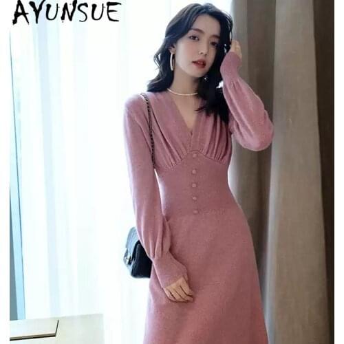 AYUNSUE Sweater Dress Women Autumn Winter Long Dresses for Women 2021 High Waist V Neck Knitted Vintage Dress Vestito Da Donna