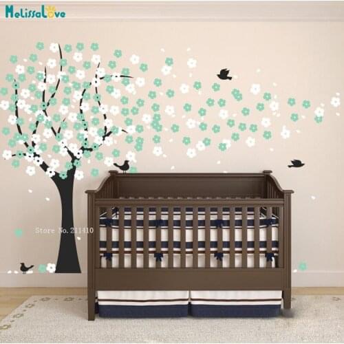 Cherry Blossom Tree Wall Decals Two color Flowers Large Nursery Stickers Childrens Room With Flying Birds YT4998
