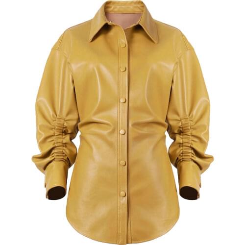 YOLOAgain Streetwear Ruched Sleeve Design Women Leather Shirt Blouses Real Sheepskin Jacket