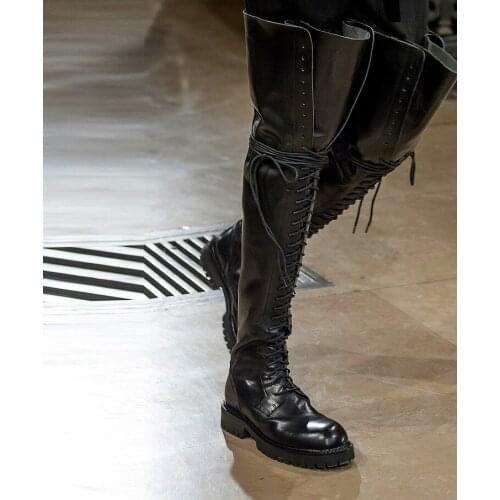 Chunky platform pu Leather Knee High Boots Women Retro Punk Height Increasing long boots Woman Lace Up Booties Mujer Knee High