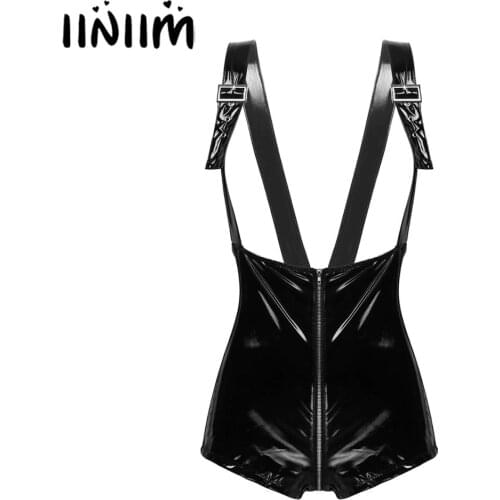 Womens Wetlook Clubwear Evening Parties Dancing Romper Leather Shoulder Straps High Waist Zippered Crotch Suspender Booty Shorts