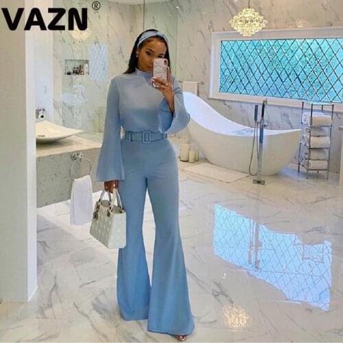 VAZN Hot List Young Lady Of Note Sexy Fresh Clear Daily Free Mature Solid Turtleneck Full Sleeve High Waist Flare Jumpsuits