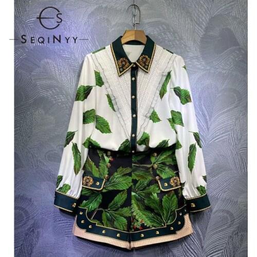 SEQINYY Fashion Set 2020 Summer Spring New Fashion Design Women Bead Lace White Shirt + Shorts Green Leaf Print Runway Suit