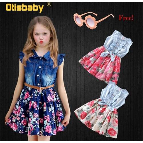 1-12Y Summer Toddler Vintage Floral Dresses Teen Girl Fashion Casual Flower Denim Childrens Party Bow Outfit Cute Girl Clothes