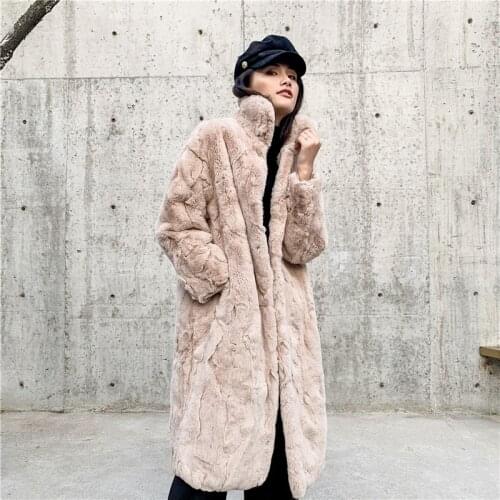 Winter Jacket Women Casual 2020 Real Fur Coat Natural Rex Rabbit Fur Long Overcoat Stand Collar Streetwear Thick Warm Outerwear