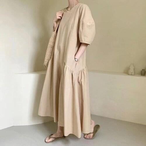 2021 Summer New Style Korean Fashion Simple Round Neck Lantern Sleeve Loose Solid Color Womens Dress Temperament Thin