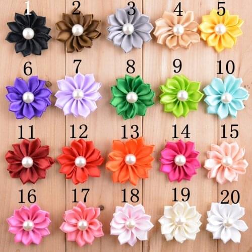 100pcs/lot Ribbon Flowers with Pearl center 20 colors