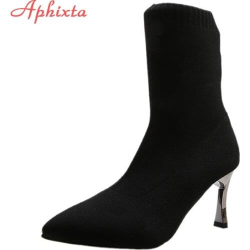 Aphixta 7cm 5cm 2020 New Gray Pointed Toe Knitting Elastic Socks Boots Women Stretch Fabric Shoes Elegant Ankle Boots for Women