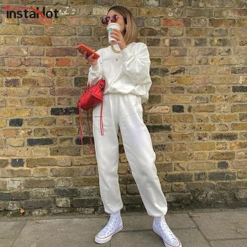 InstaHot women sweatpant letter print cotton cargo pant autumn loose casual jogger baggy trousers 2020 streetwear solid pants