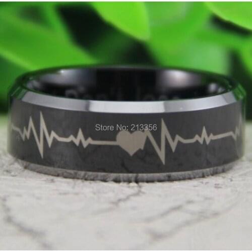 Cheap Price Free Shipping USA Hot Selling 8MM Black Top Silver Bevel Heart Beat Forever Love New Mens Fashion Wedding Band Ring