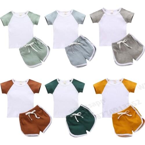 Kids Boy Summer Clothes Set Baby Girls 2-piece Outfit Set Short Sleeve Color Block Top T-shirt+Shorts Set for Children Boy Girl