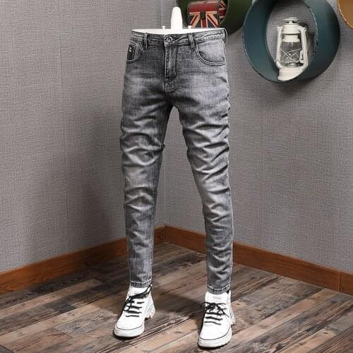 European Vintage Fashion Men Jeans Distressed Wash Retro Gray Elastic Slim Fit Ripped Jeans Men Korean Style Casual Denim Pants