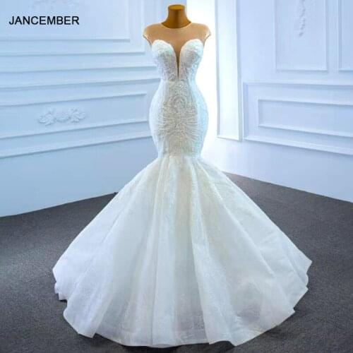 J67213 JANCEMBER White Elegant Sexy Mermaid Beading Wedding Dress 2021 Lace Up Back V-Neck Tank With Sleevelsee