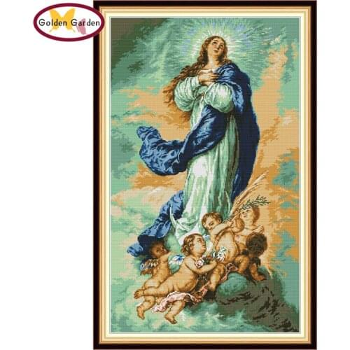 GG Virgin with Angels Paintings Cross Stitch Embroidery Needleworks Joy Sunday Printed Cotton Canvas Cross Stitch for Home Decor