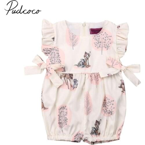2019 Baby Summer Clothing Newborn Infant Baby Girl Deer Jumpsuit Ruffled Deer Romper Bowknot Outfits Sleeveless Sunsuit 0-24M