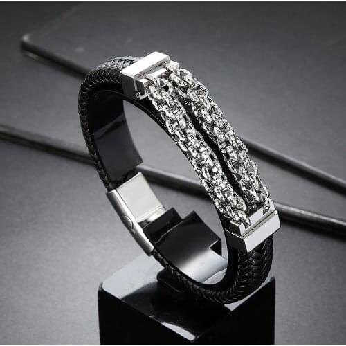 HaoYi Fashion Geometric Chain Braided Leather Bracelet Mens Punk Rope Chain Rock Wristband Stainless Steel Jewelry
