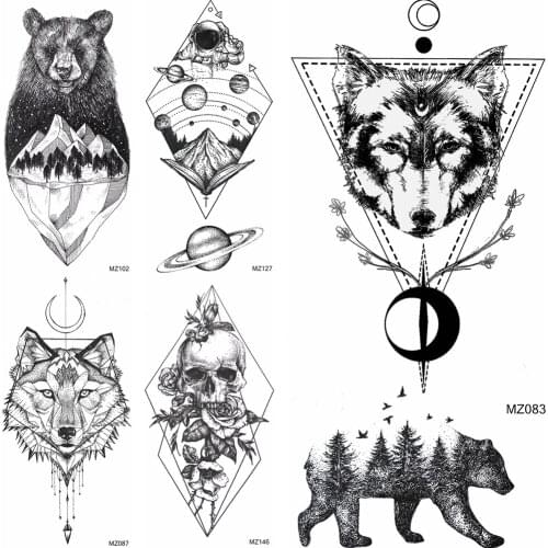 Geometric Wolf Temporary Tattoos Sticker For Women Men Body Art Arm Tatoos Fake Bear Planets Wolf Death Skull Decoration Tattoos
