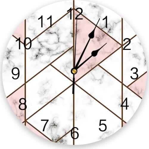 White Marble Texture Pink Triangle Wall Clocks Home Decoration Silent Round Wall Watches for Home Living Room Kitchen Wall Decor