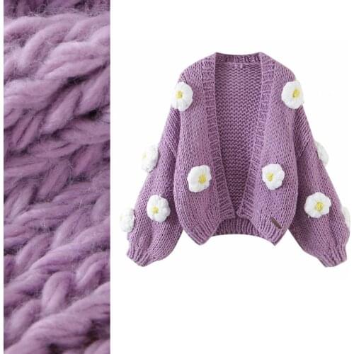 New design womens fashion luxury handmade knitted crochet 3D flower pattern coarse wool knitted short loose sweater cardigan