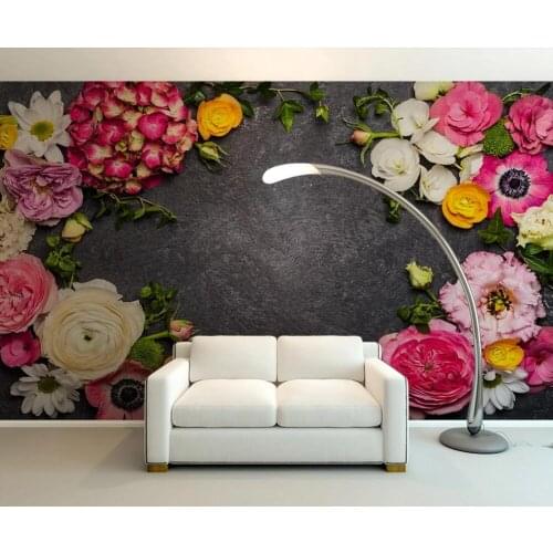 Custom 3D mural wallpaper flowers black stone wall decoration painting